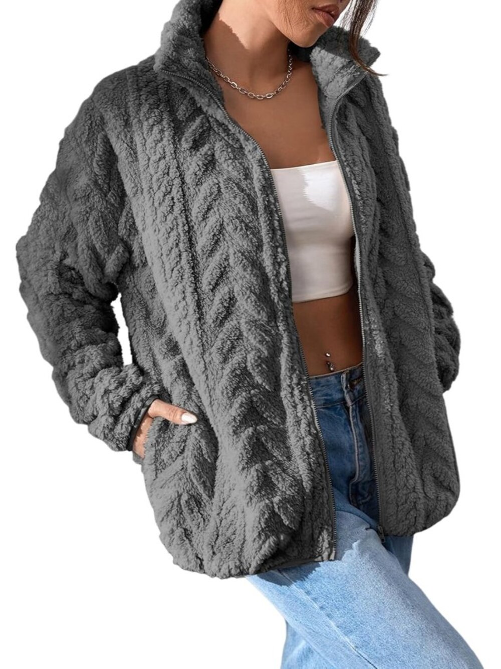 〽️Gray Women's Sherpa Fleece Zip Up Jacket Oversized Winter Coat